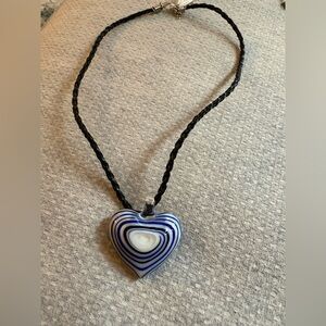 Blue & White Heart Glass Pendant Necklace - Women Jewelry